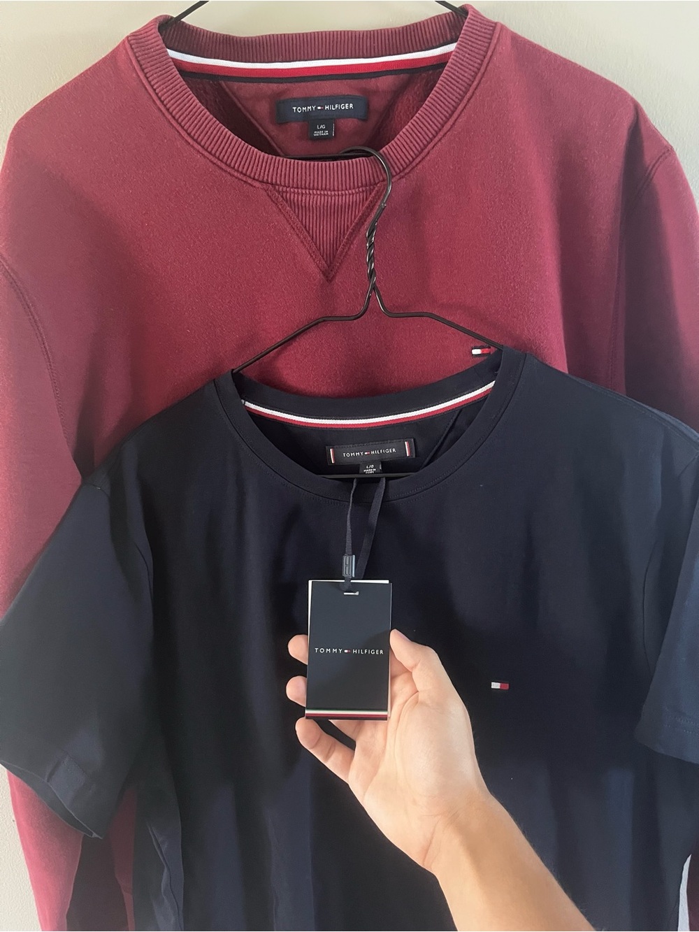 NWT Tommy Hilfiger Navy Tee, paired with a Burgundy Crewneck